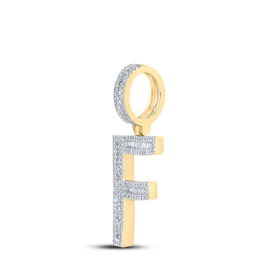 0.7 Ctw Natural Diamond Baguette Initial Letter Alphabet F Pendant in 10k Yellow Gold