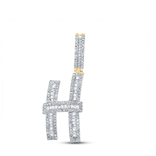 0.83 Ctw Natural Diamond Baguette Initial Letter Alphabet H Pendant in 10k Yellow Gold