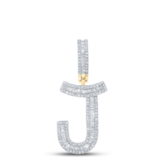 0.69 Ctw Natural Diamond Baguette Initial Letter Alphabet J Pendant in 10k Yellow Gold