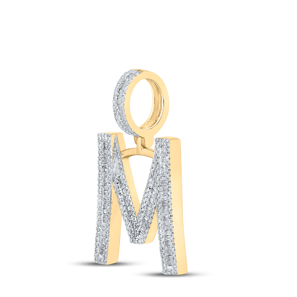 1.05 Ctw Natural Diamond Baguette Initial Letter Alphabet M Pendant in 10k Yellow Gold