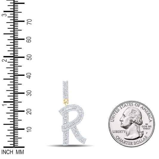 0.93 Ctw Natural Diamond Baguette Initial Letter Alphabet R Pendant in 10k Yellow Gold
