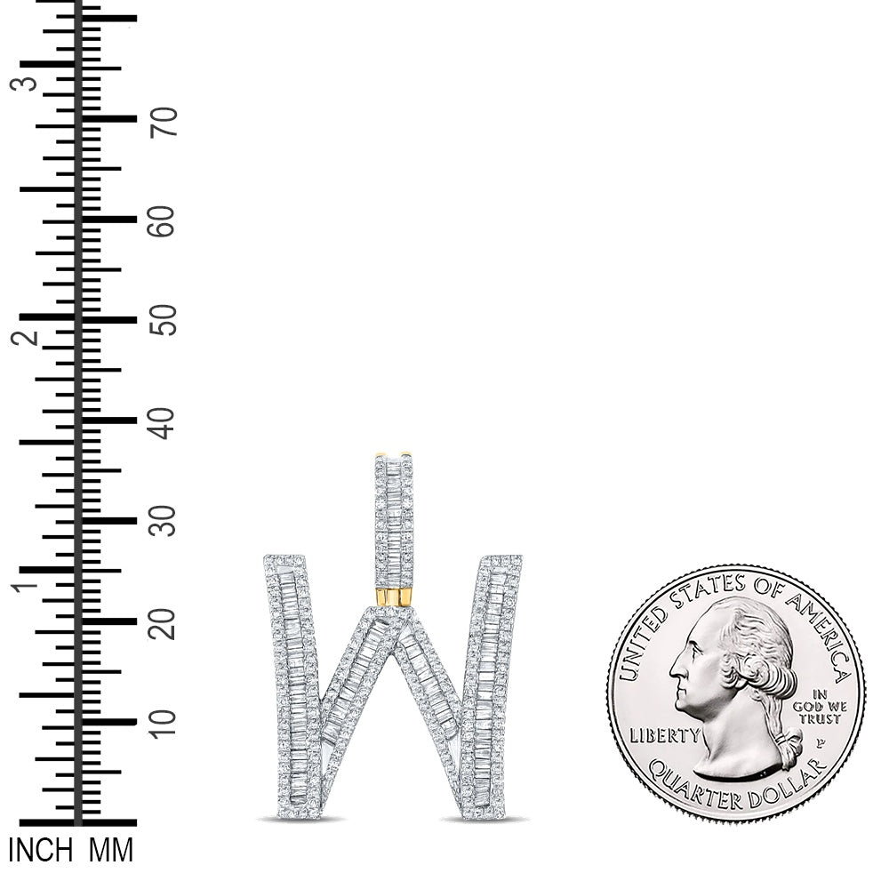 1.05 Ctw Natural Diamond Baguette Initial Letter Alphabet W Pendant in 10k Yellow Gold