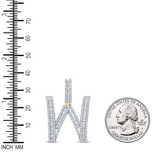 1.05 Ctw Natural Diamond Baguette Initial Letter Alphabet W Pendant in 10k Yellow Gold