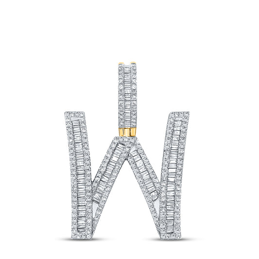 1.05 Ctw Natural Diamond Baguette Initial Letter Alphabet W Pendant in 10k Yellow Gold
