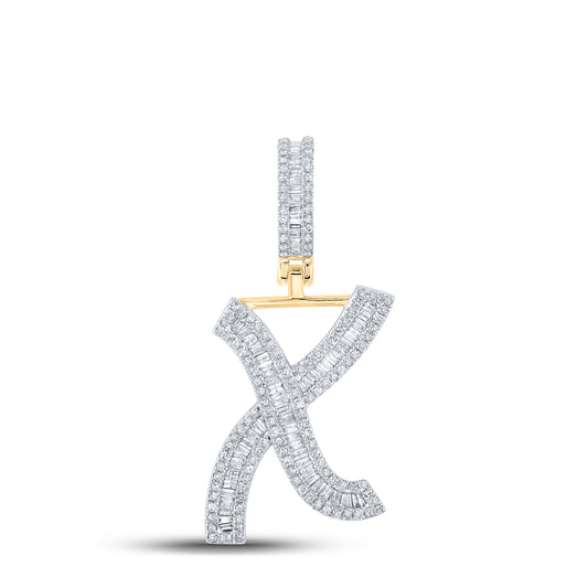 0.74 Ctw Natural Diamond Baguette Initial Letter Alphabet X Pendant in 10k Yellow Gold