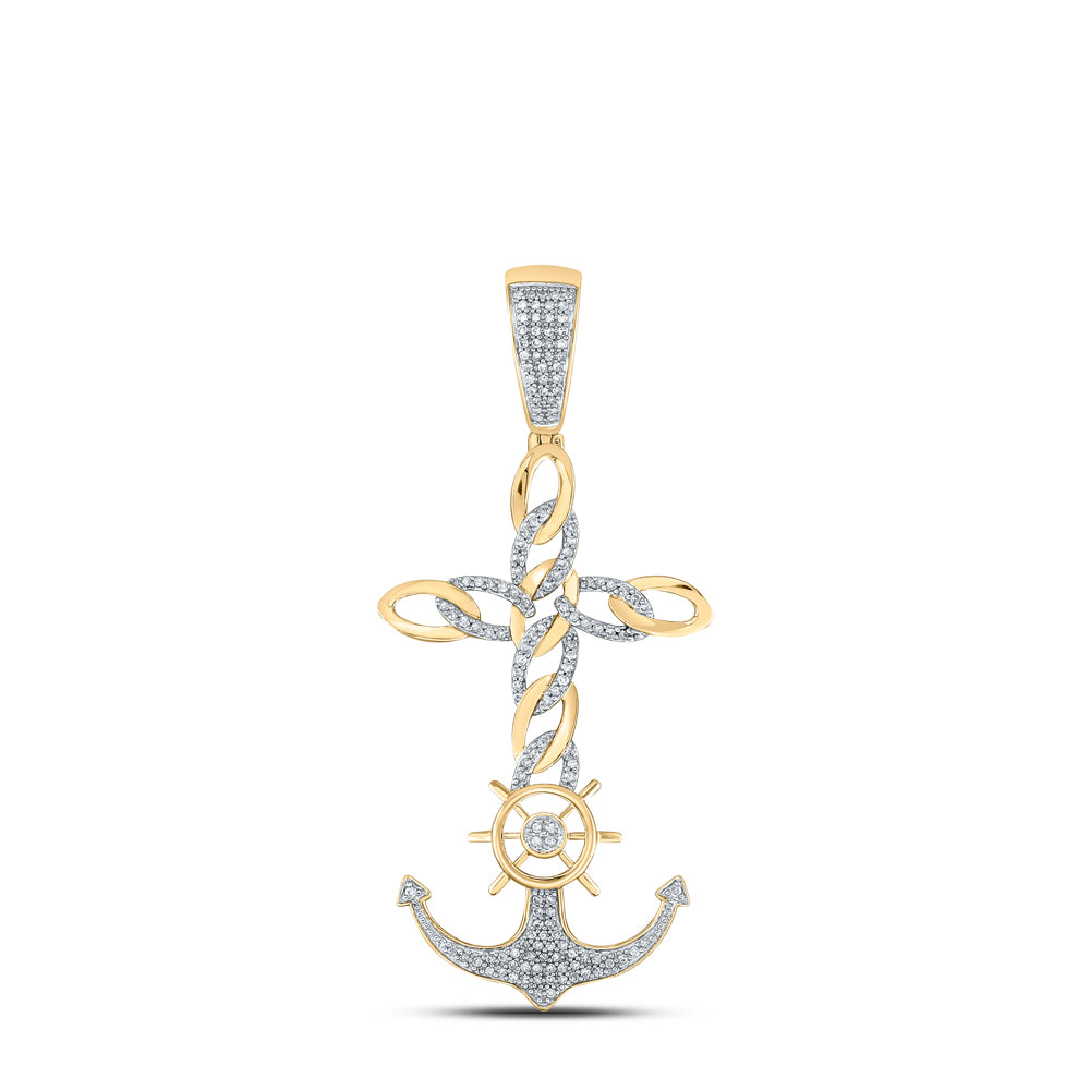0.4 Ctw Natural Diamond Cross Anchor Sailing Wheel Nautical Pendant in 10k Yellow Gold