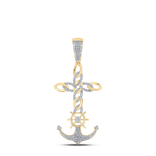 0.4 Ctw Natural Diamond Cross Anchor Sailing Wheel Nautical Pendant in 10k Yellow Gold