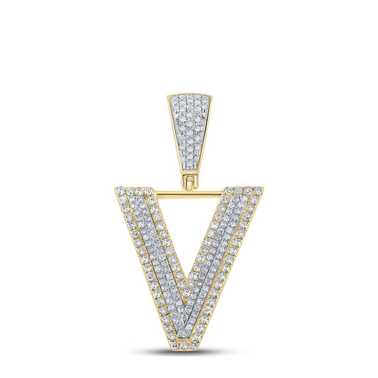 0.72 Ctw Natural Diamond Block Initial Pendant Alphabet V Pendant in 10k Two-tone Gold