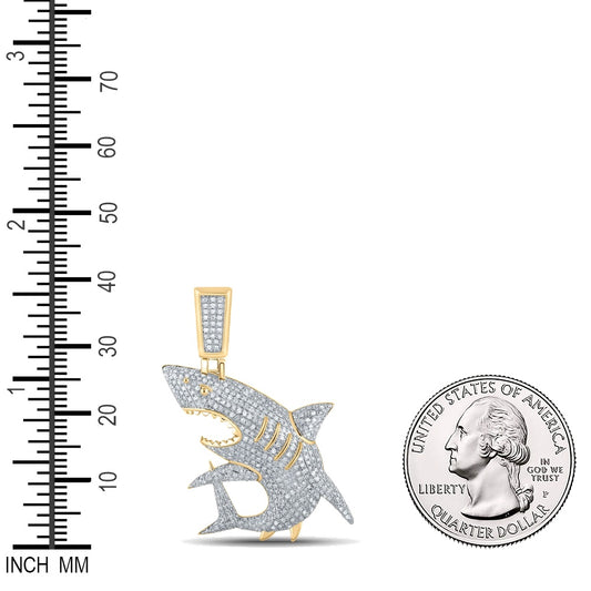 1 Ctw Natural Diamond Shark Fish Animal Pendant in 10k Yellow Gold