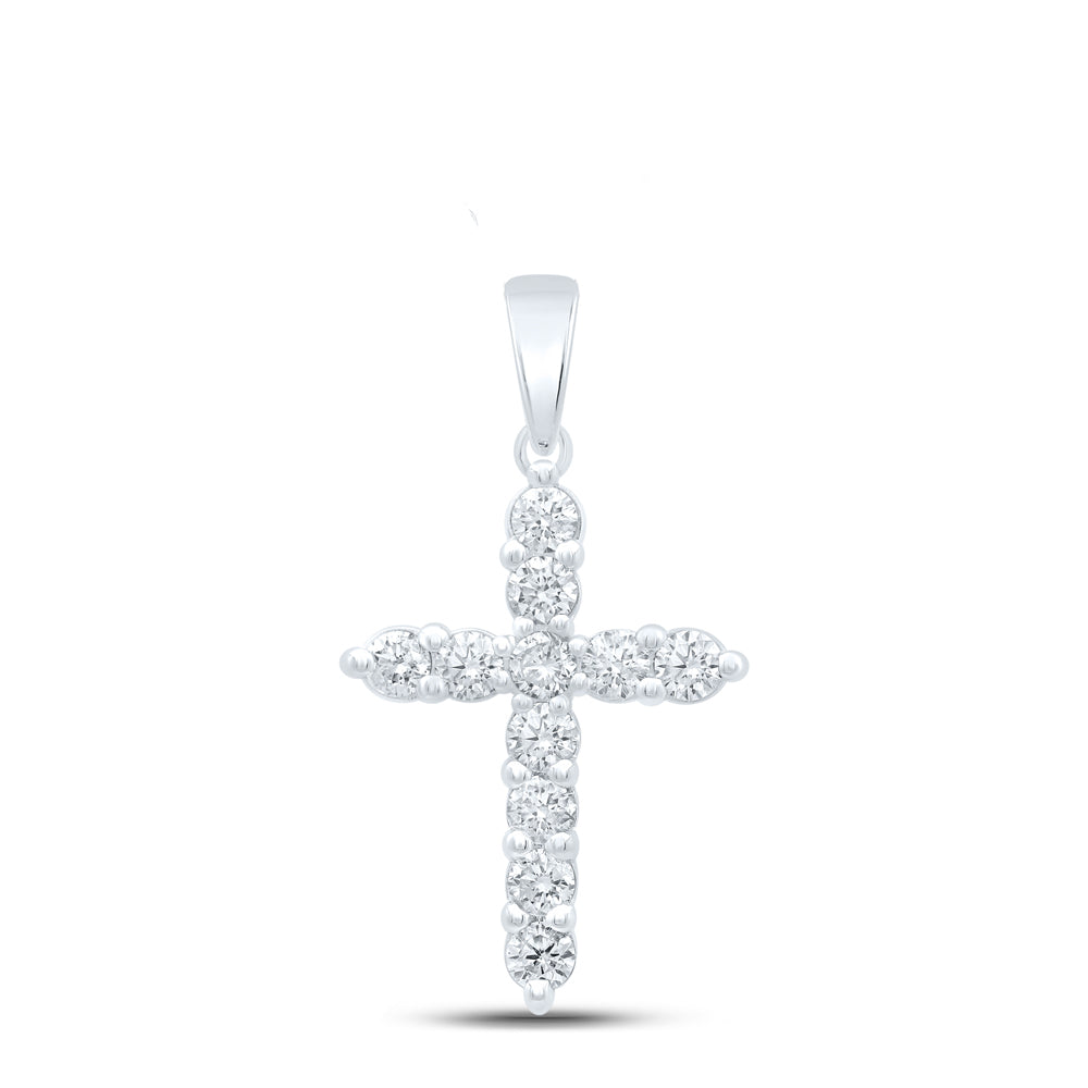 0.98 Ctw Natural Diamond Cross Religious Pendant in 14k White Gold