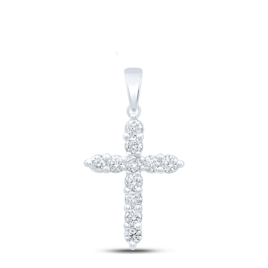 0.98 Ctw Natural Diamond Cross Religious Pendant in 14k White Gold