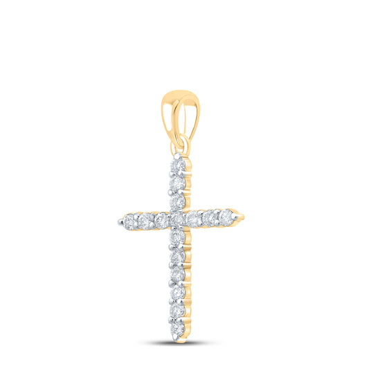 0.27 Ctw Natural Diamond One Row Tennis Cross Pendant in 10k Yellow Gold