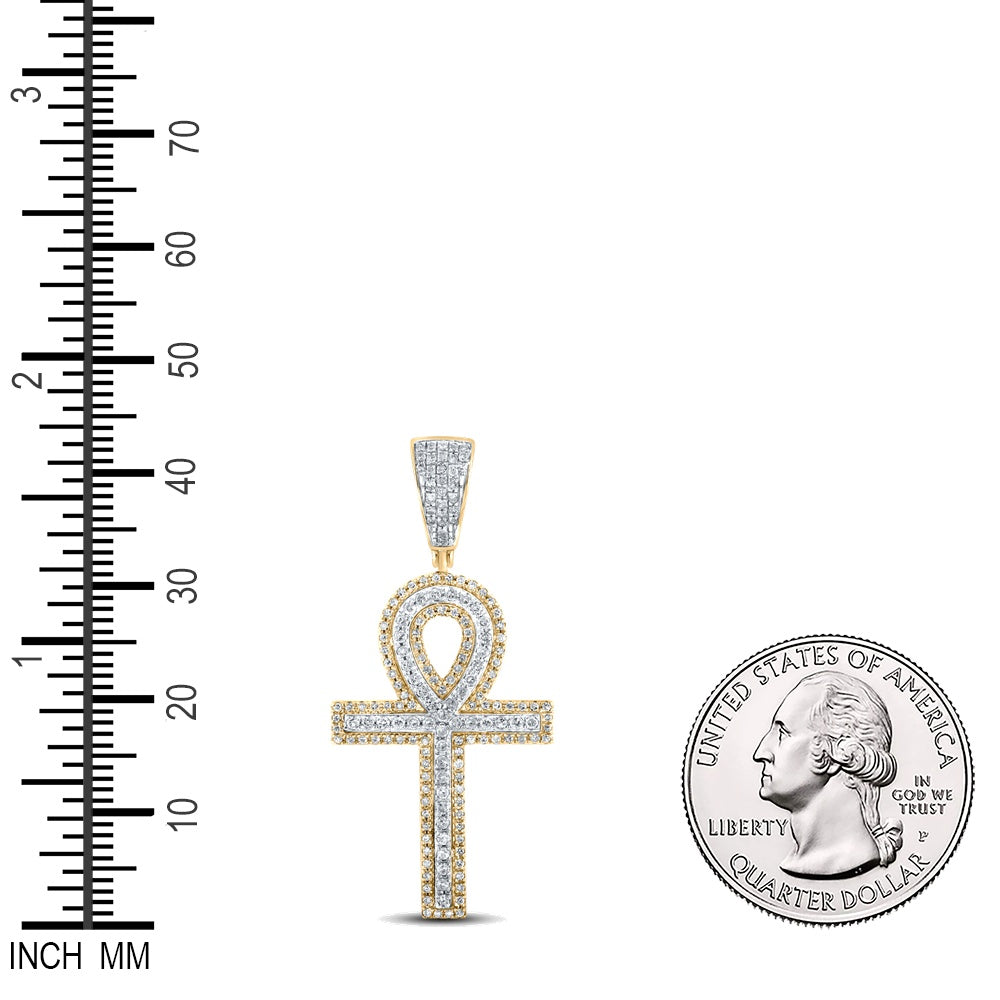 0.87 Ctw Natural Diamond Ankh Charm Pendant in 10k Yellow Gold