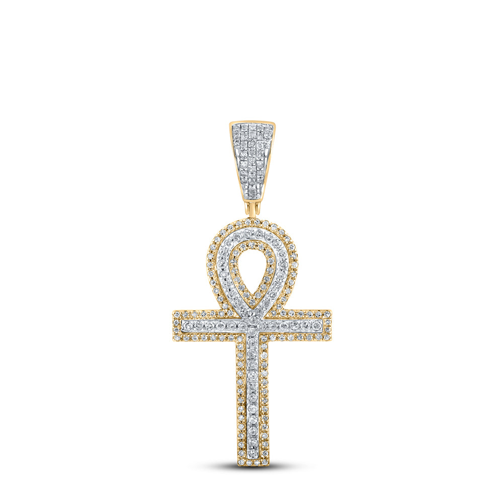 0.87 Ctw Natural Diamond Ankh Charm Pendant in 10k Yellow Gold