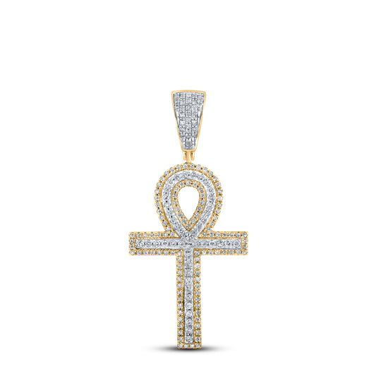 0.87 Ctw Natural Diamond Ankh Charm Pendant in 10k Yellow Gold