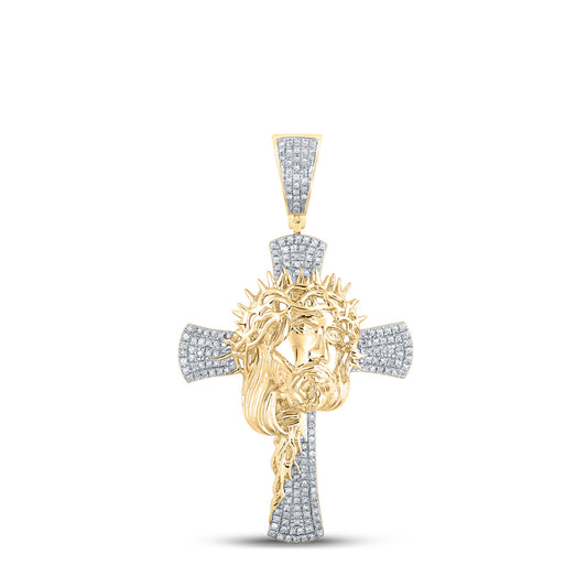 0.45 Ctw Natural Diamond Cross Jesus Face Head Crucifix Pendant in 10k Yellow Gold