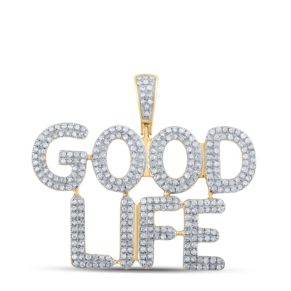 0.95 Ctw Natural Diamond GOOD LIFE Nameplate Hiphop Pendant in 10k Yellow Gold