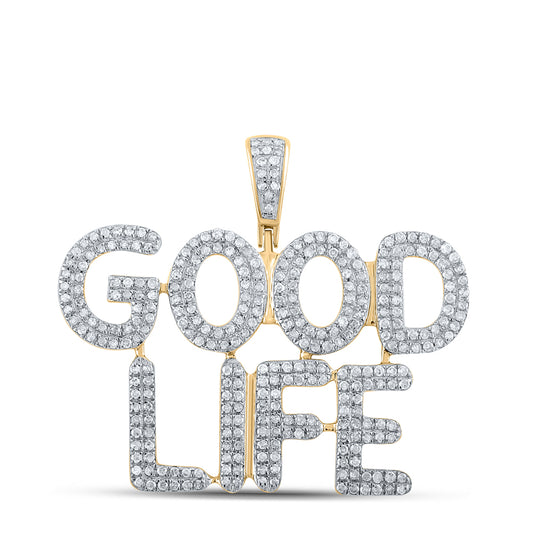 0.95 Ctw Natural Diamond GOOD LIFE Nameplate Hiphop Pendant in 10k Yellow Gold