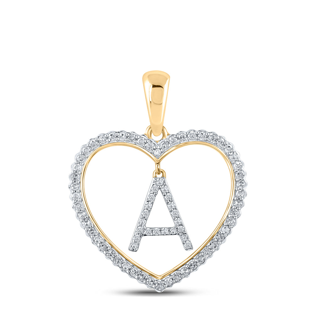 0.26 Ctw Natural Diamond Heart Dangle Initial Letter A Pendant in 10k Yellow Gold