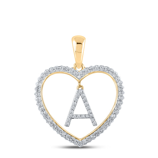 0.26 Ctw Natural Diamond Heart Dangle Initial Letter A Pendant in 10k Yellow Gold