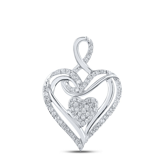 0.22 Ctw Natural Diamond Double Heart Gift Pendant in 10k White Gold