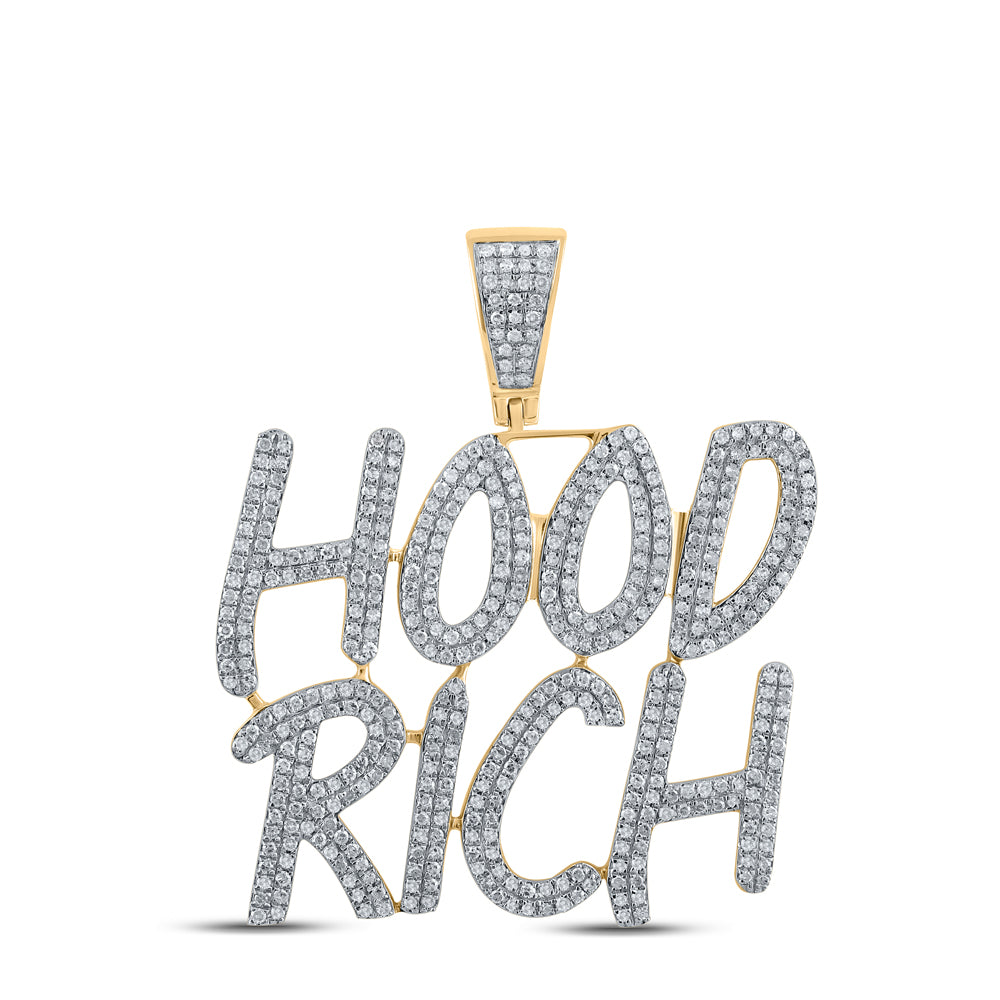 1.27 Ctw Natural Diamond Hood Rich Nameplate Hiphop Pendant in 10k Yellow Gold