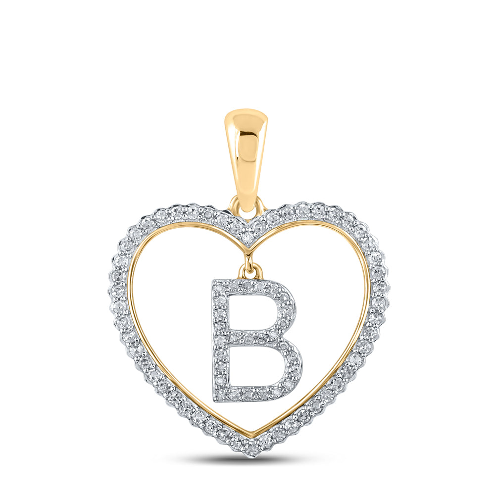 0.27 Ctw Natural Diamond Heart Dangle Initial Letter B Pendant in 10k Yellow Gold