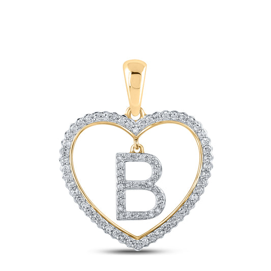 0.27 Ctw Natural Diamond Heart Dangle Initial Letter B Pendant in 10k Yellow Gold