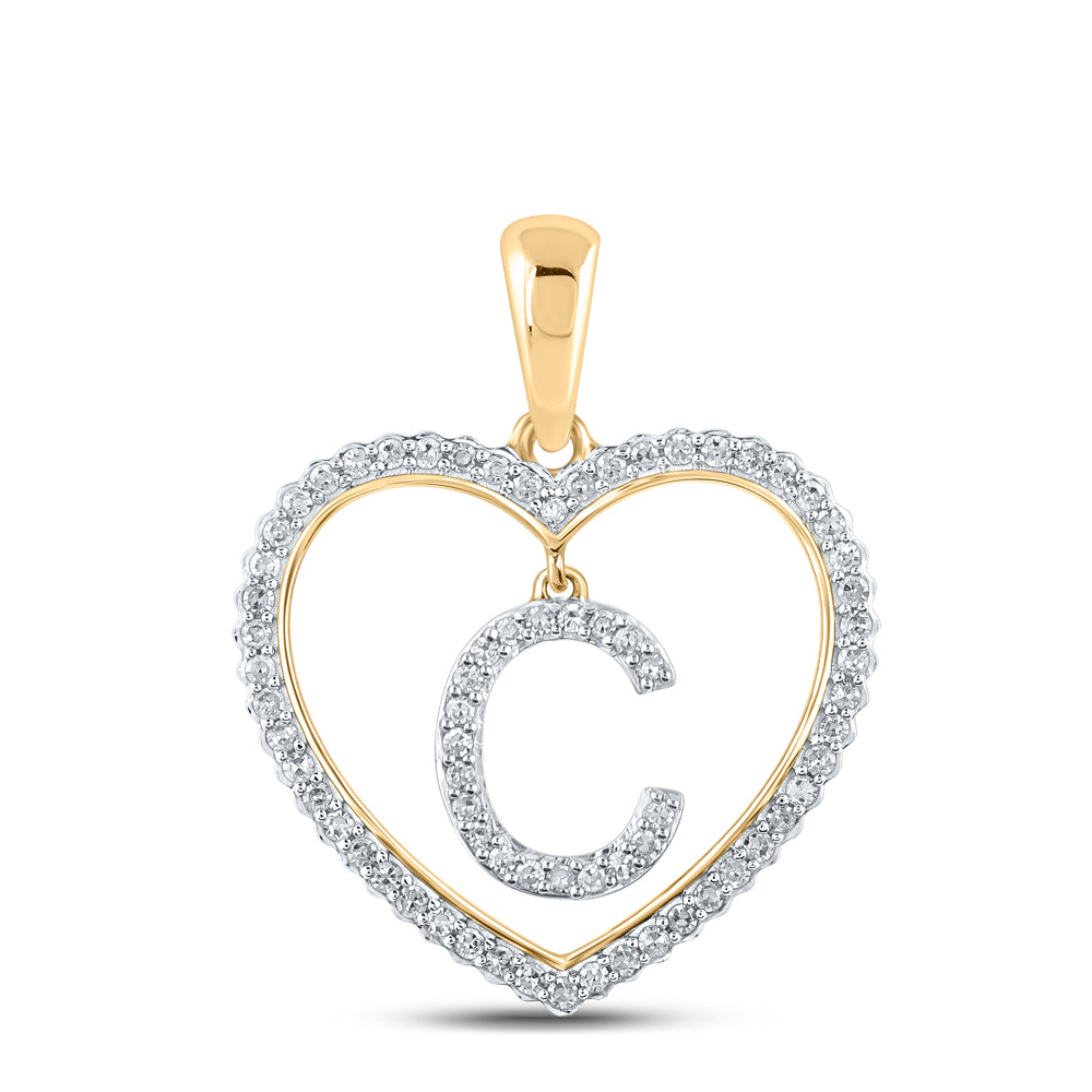 0.27 Ctw Natural Diamond Heart Dangle Initial Letter C Pendant in 10k Yellow Gold