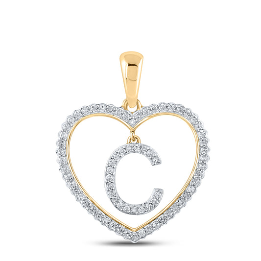 0.27 Ctw Natural Diamond Heart Dangle Initial Letter C Pendant in 10k Yellow Gold