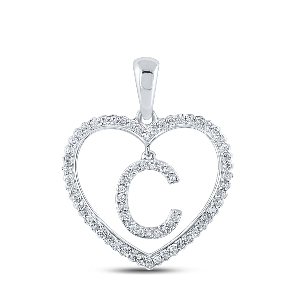 0.27 Ctw Natural Diamond Heart Dangle Initial Letter C Pendant in 10k White Gold