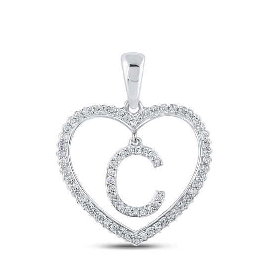 0.27 Ctw Natural Diamond Heart Dangle Initial Letter C Pendant in 10k White Gold