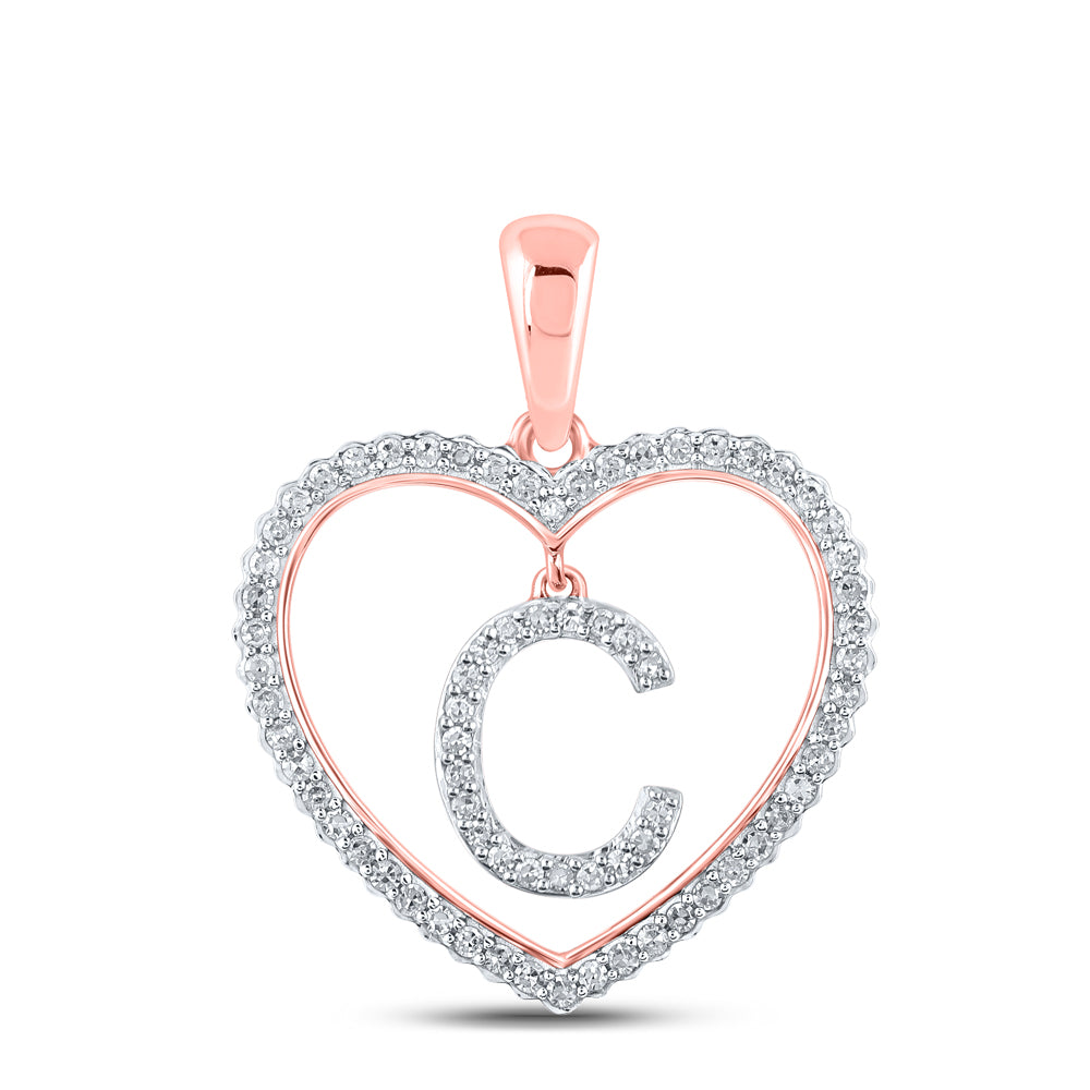 0.27 Ctw Natural Diamond Heart Dangle Initial Letter C Pendant in 10k Rose Gold
