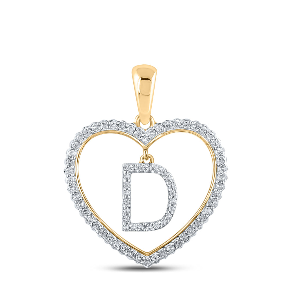 0.27 Ctw Natural Diamond Heart Dangle Initial Letter D Pendant in 10k Yellow Gold