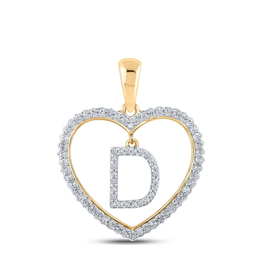 0.27 Ctw Natural Diamond Heart Dangle Initial Letter D Pendant in 10k Yellow Gold