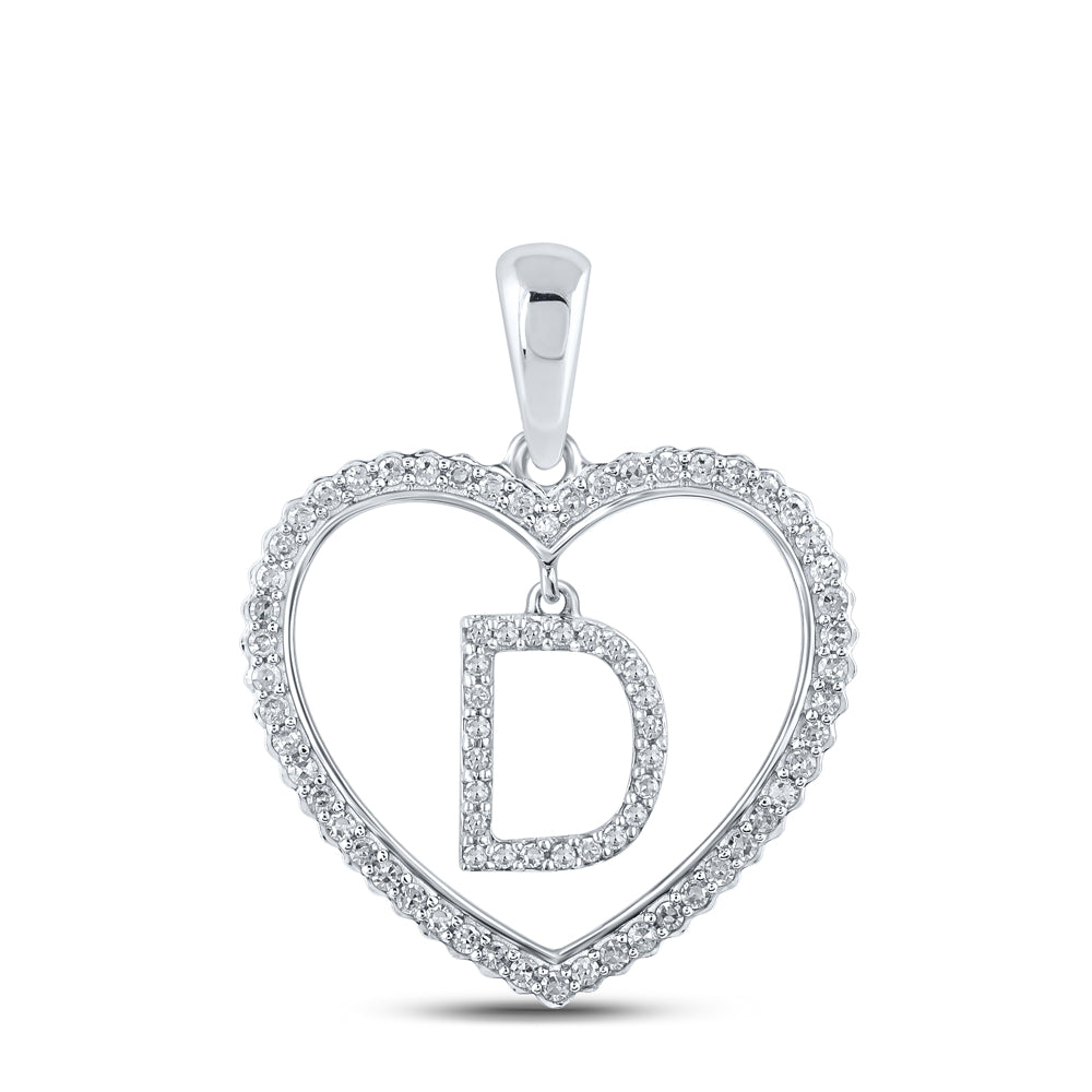 0.27 Ctw Natural Diamond Heart Dangle Initial Letter D Pendant in 10k White Gold
