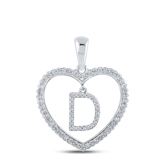 0.27 Ctw Natural Diamond Heart Dangle Initial Letter D Pendant in 10k White Gold