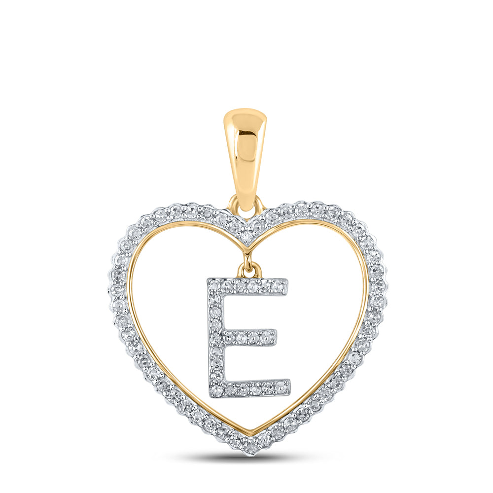 0.27 Ctw Natural Diamond Heart Dangle Initial Letter E Pendant in 10k Yellow Gold