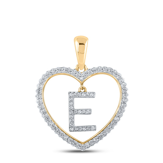 0.27 Ctw Natural Diamond Heart Dangle Initial Letter E Pendant in 10k Yellow Gold