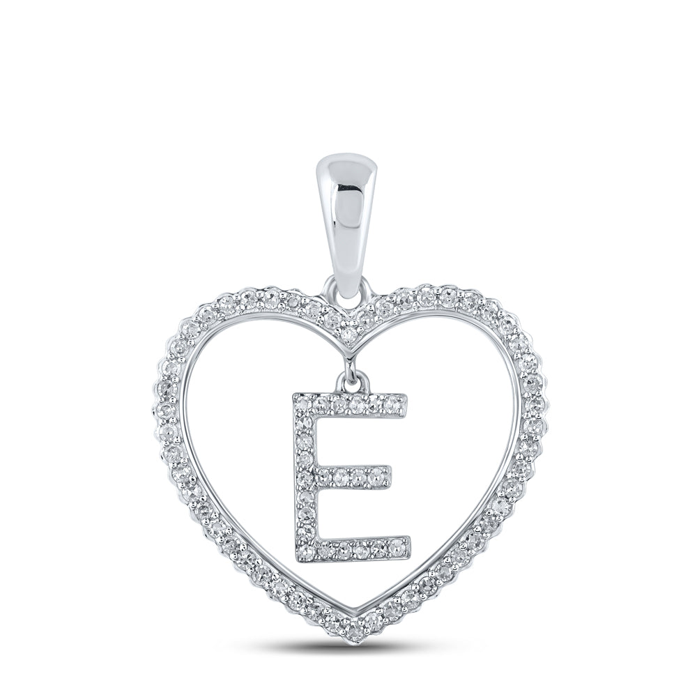 0.28 Ctw Natural Diamond Heart Dangle Initial Letter E Pendant in 10k White Gold