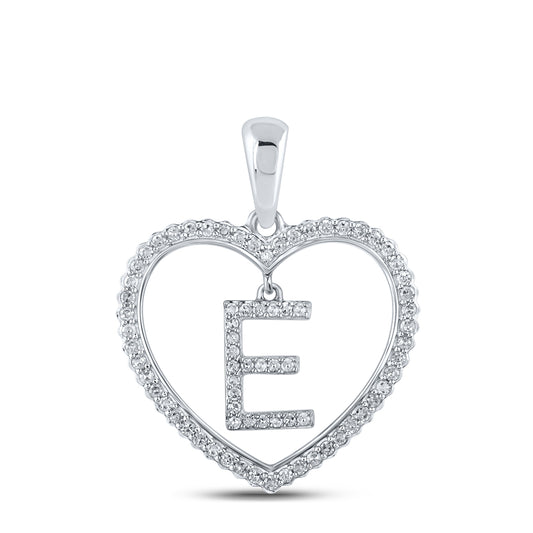0.28 Ctw Natural Diamond Heart Dangle Initial Letter E Pendant in 10k White Gold