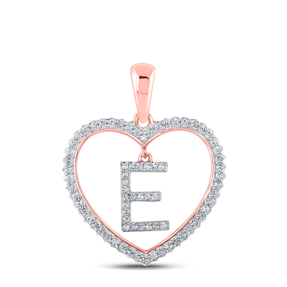 0.27 Ctw Natural Diamond Heart Dangle Initial Letter E Pendant in 10k Rose Gold