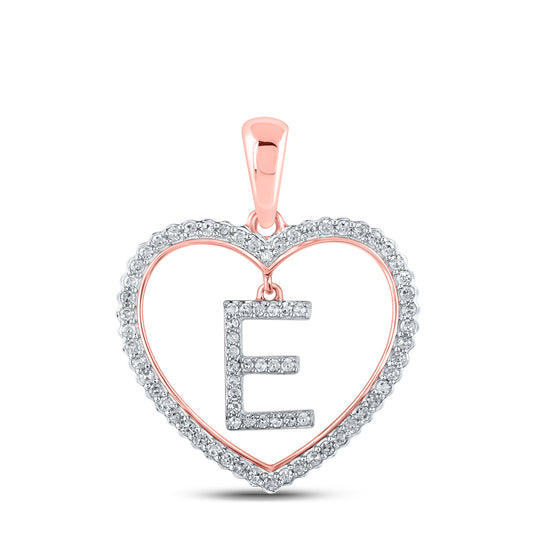 0.27 Ctw Natural Diamond Heart Dangle Initial Letter E Pendant in 10k Rose Gold
