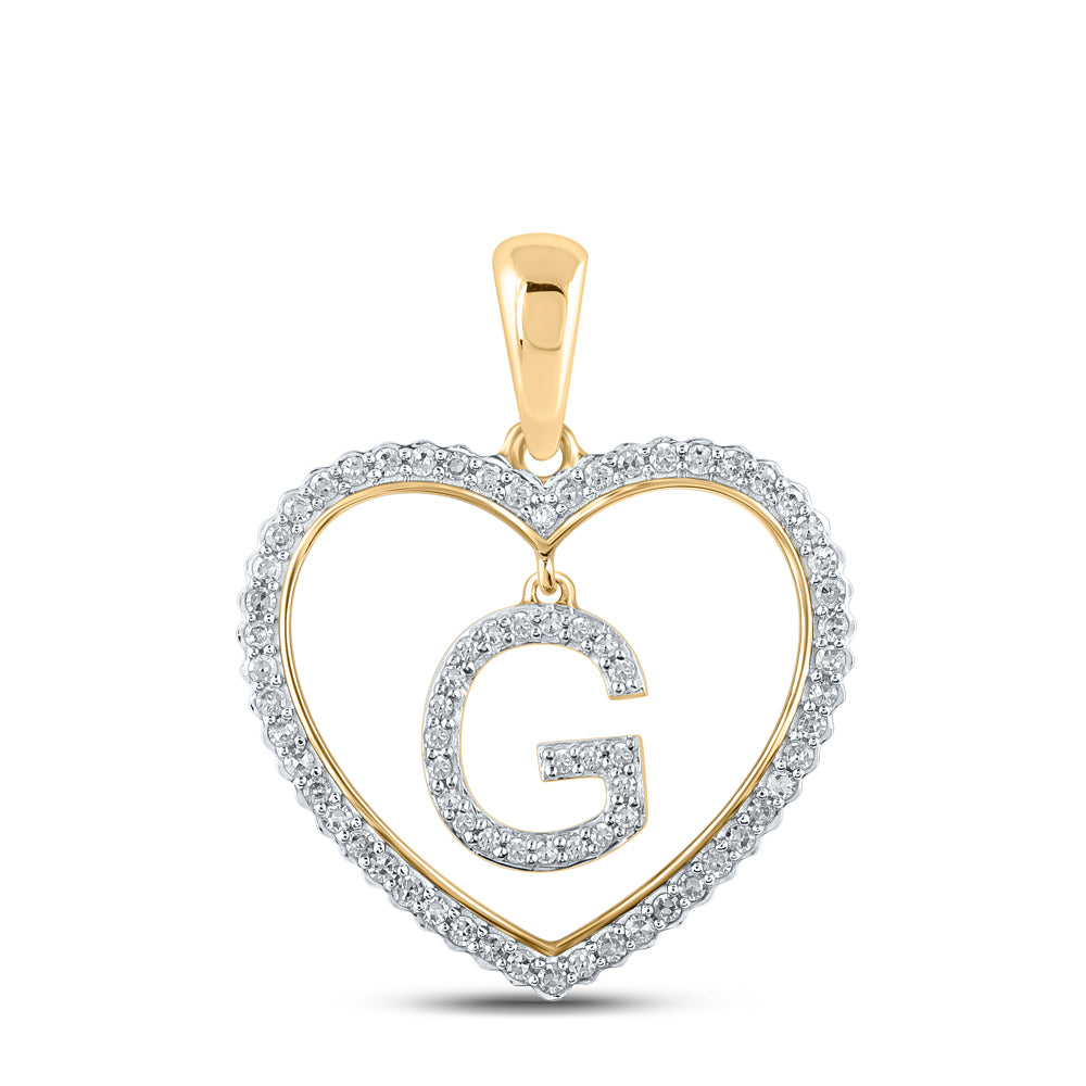 0.26 Ctw Natural Diamond Heart Dangle Initial Letter G Pendant in 10k Yellow Gold