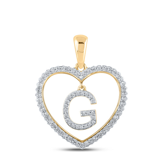 0.26 Ctw Natural Diamond Heart Dangle Initial Letter G Pendant in 10k Yellow Gold