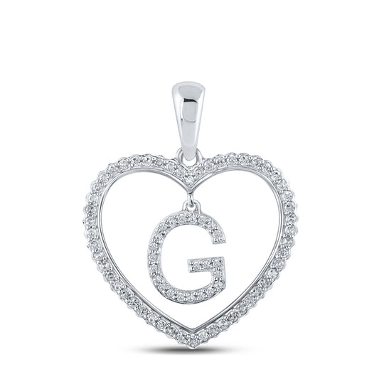 0.25 Ctw Natural Diamond Heart Dangle Initial Letter G Pendant in 10k White Gold