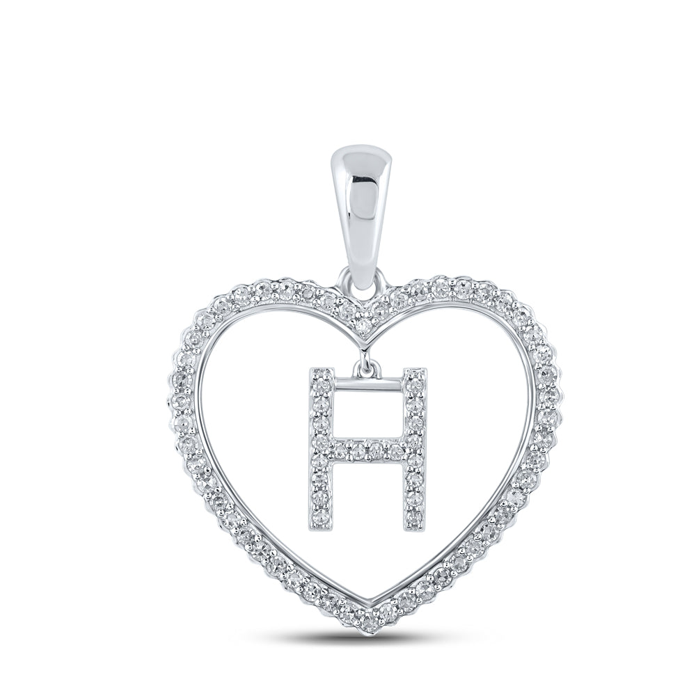 0.25 Ctw Natural Diamond Heart Dangle Initial Letter H Pendant in 10k White Gold