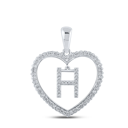 0.25 Ctw Natural Diamond Heart Dangle Initial Letter H Pendant in 10k White Gold