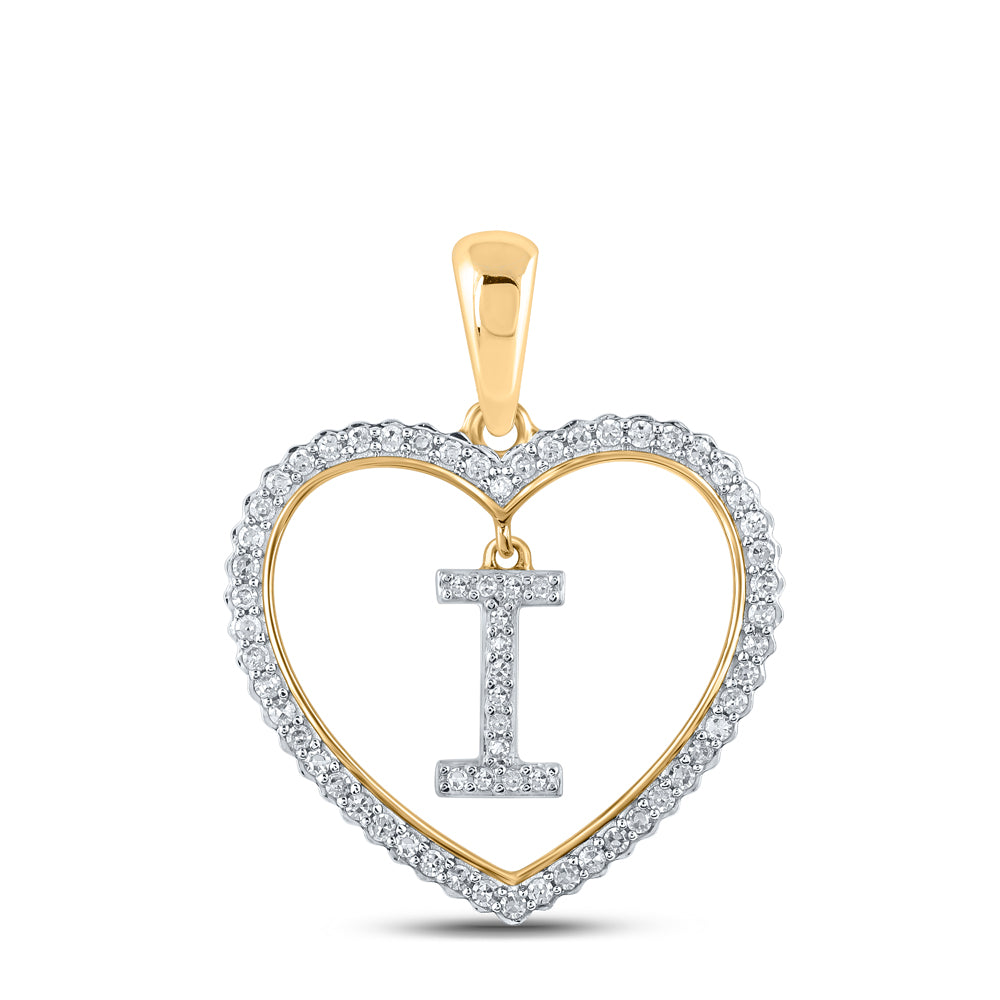 0.23 Ctw Natural Diamond Heart Dangle Initial Letter I Pendant in 10k Yellow Gold