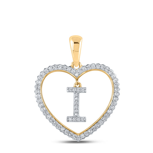 0.23 Ctw Natural Diamond Heart Dangle Initial Letter I Pendant in 10k Yellow Gold